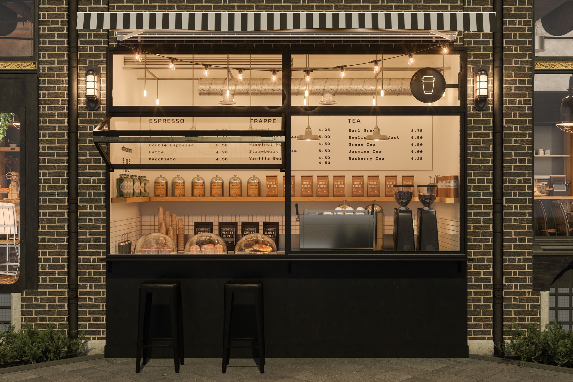 Front View Of Take-Away Coffee Shop With Black Stools At Night